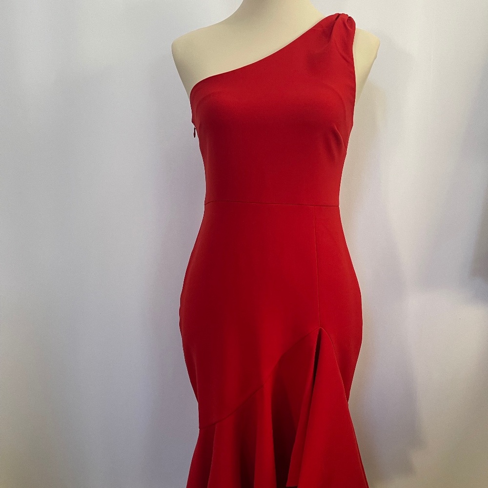 Likely One Shoulder, Ruched Ruffles, Tea-Length Evening Gown Size 4